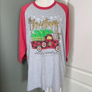 Simply Southern Raglan Baseball Tee “Oh Christmas Tree” Truck Gray/Red Size XXL